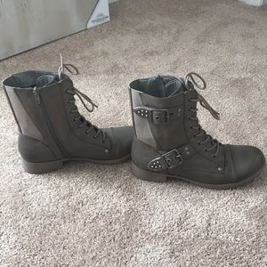 Gray moto style combat boot with studs